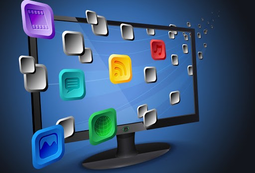 Illustration of flowing web app icons on cloud integrated widescreen Internet TV / computer. &#8211; es