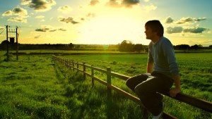joven sentado en las vallas de un campo