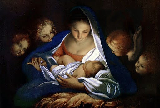 Virgen María, niño Jesús y ángeles