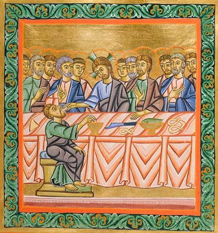 ¿Un pretzel en la Última Cena? Pues sí: en más de un manuscrito iluminado se les consigue.  Este es el folio 80 del Leccionario de la Abadía de San Pedro, en Salzburgo. 