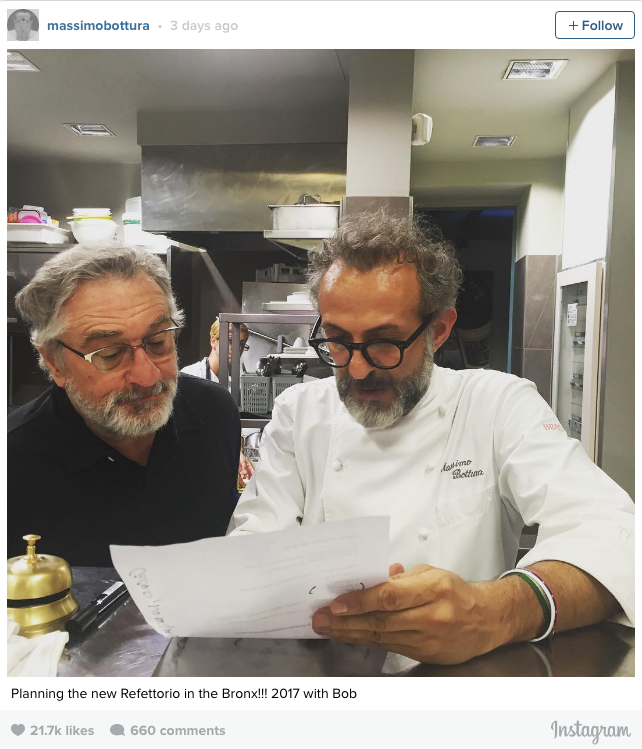 El chef enfilará sus nuevos esfuerzos hacia el Bronx para trabajar en una nueva empresa: el Refettorio Ambrosiano, un comedor de beneficencia, que abrirá junto a Robert DeNiro y el Consulado de Italia en New York.