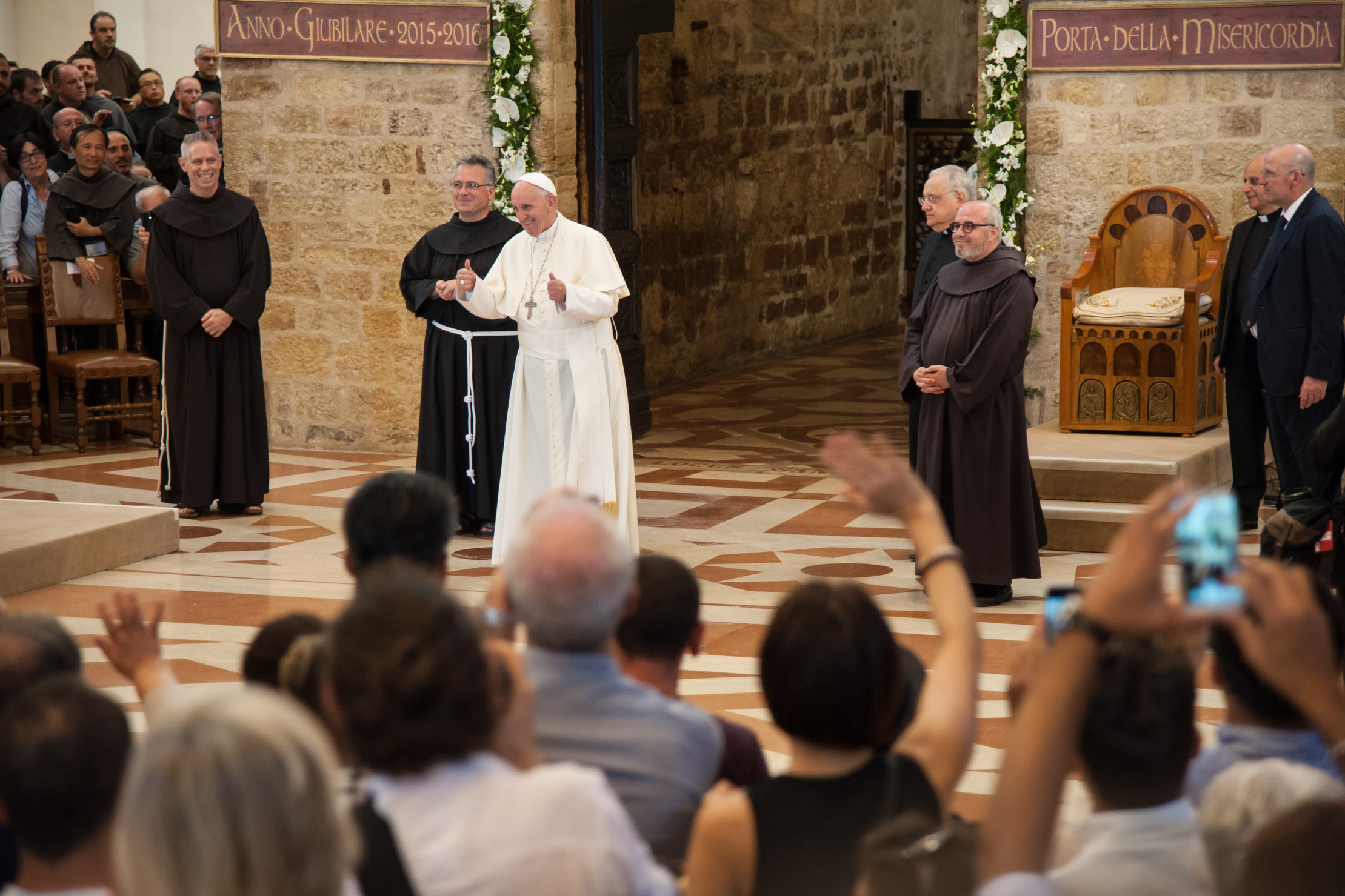 August 05 2016 : Pope Francis greets faithful in Saint Mary of Angels Basilica in the Italian pilgrimage town of Assisi on the occasion of the VIII Centenary of the Pardon of Assisi.
