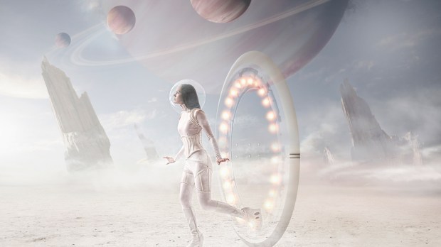 Futuristic Pacific Islander woman entering planet from wormhole