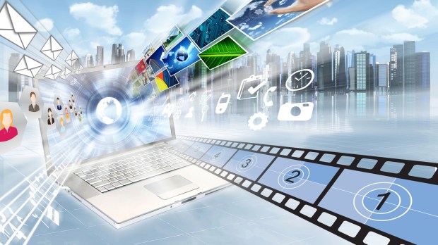 Internet and multimedia sharing concept. Illustrated with movies, song, people, images, picture and application flying in high speed movement from a laptop screen