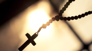 Rosary, cross, sun, window, background, space to text