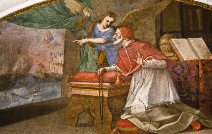 Fresco of Dominican Pope, St. Pius V, praying the Rosary d