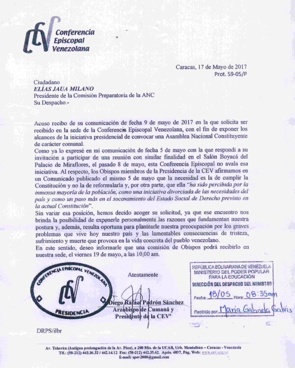 Carta de la CEV enviada al Gobierno de Nicolás Maduro