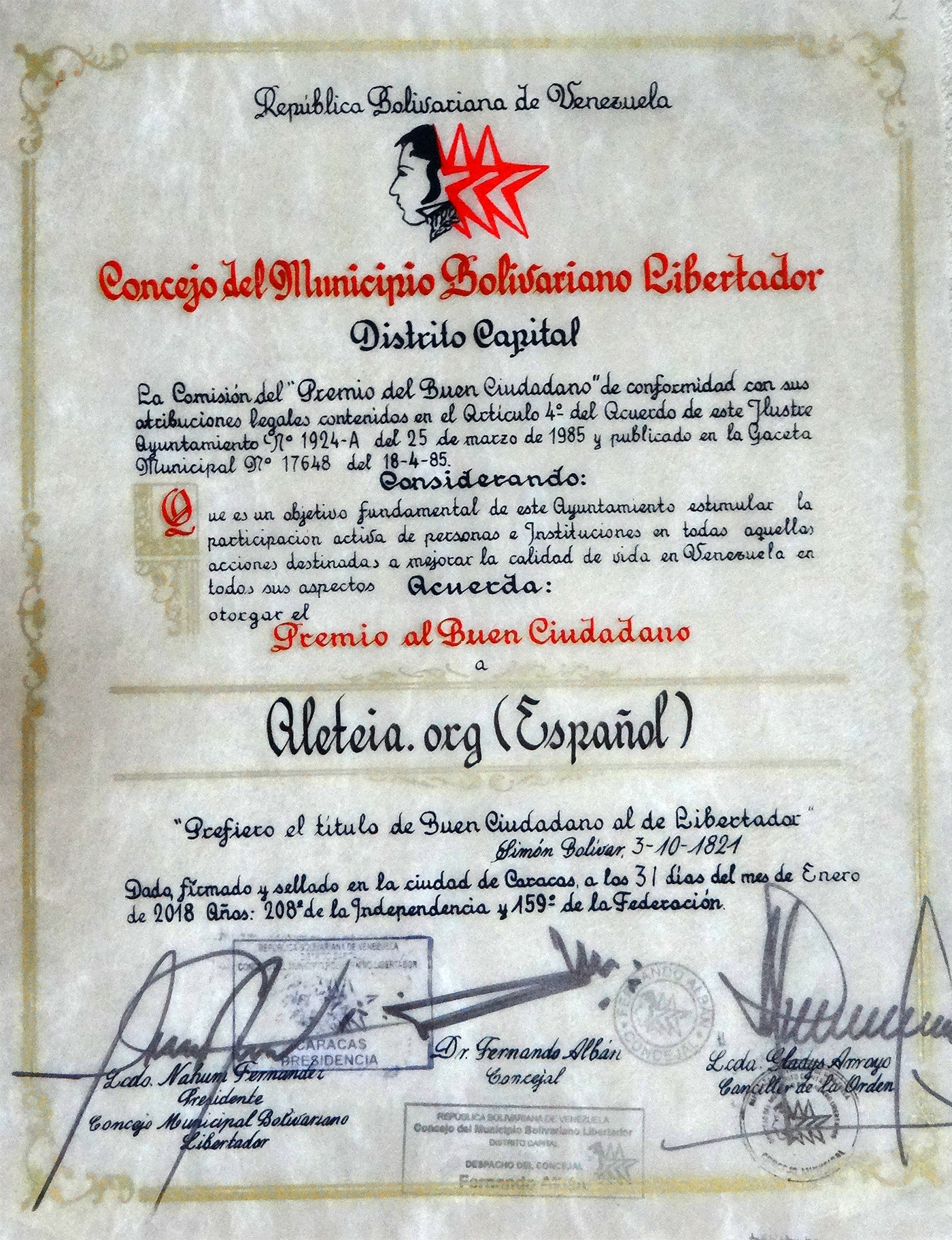 1 ALETEIA Premio Buen Ciudadano 2018 Concejo Municipal de Caracas