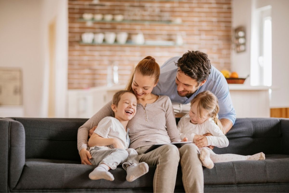 happy family in the couch