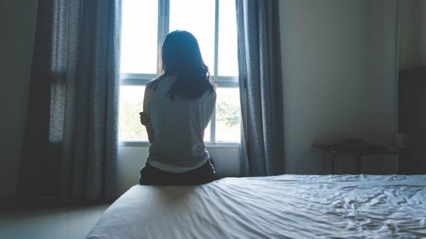 woman, bed, window,