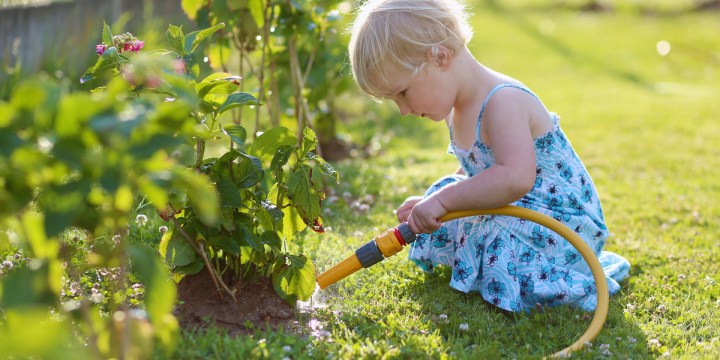 GIRL, WATERING, FLOWERS