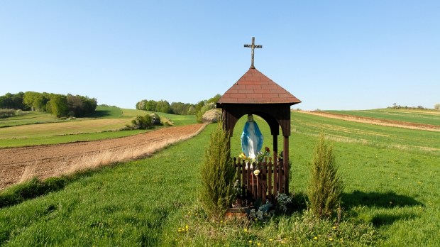 tradycyjna przydrożna kapliczka z Maryją stojąca pośród pól, Polska