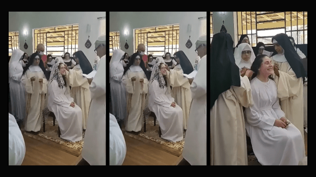 Vídeo mostra noviça irmã Maria Angélica cortando cabelo e recebendo hábito religioso