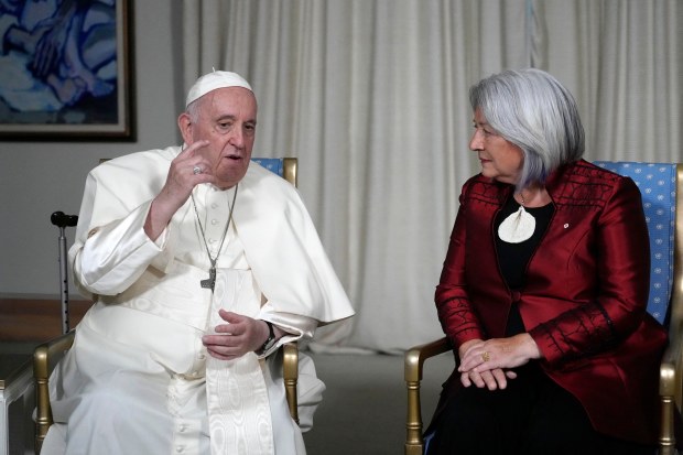 Pope-Francis-meets-with-Governor-General-of-Canada-Mary-Simon-at-the-Citadelle-de-Quebec-in-Quebec-City-AFP