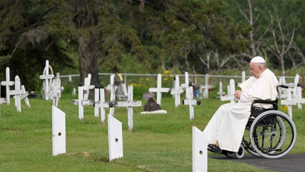 Pope Francis visiting the Ermineskin Cree Nation Cemetery in Maskwacis, south of Edmonton, western Canada