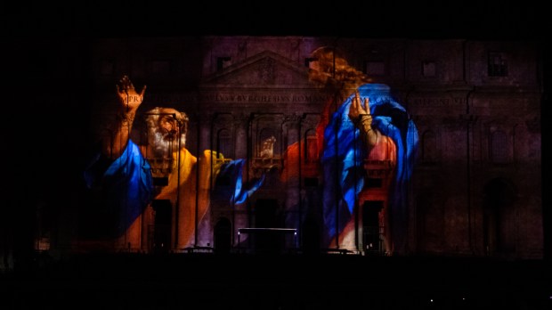 St. Peter’s Basilica facade is lit up with Seguimi a videomapping projection depicting the life of St Peter