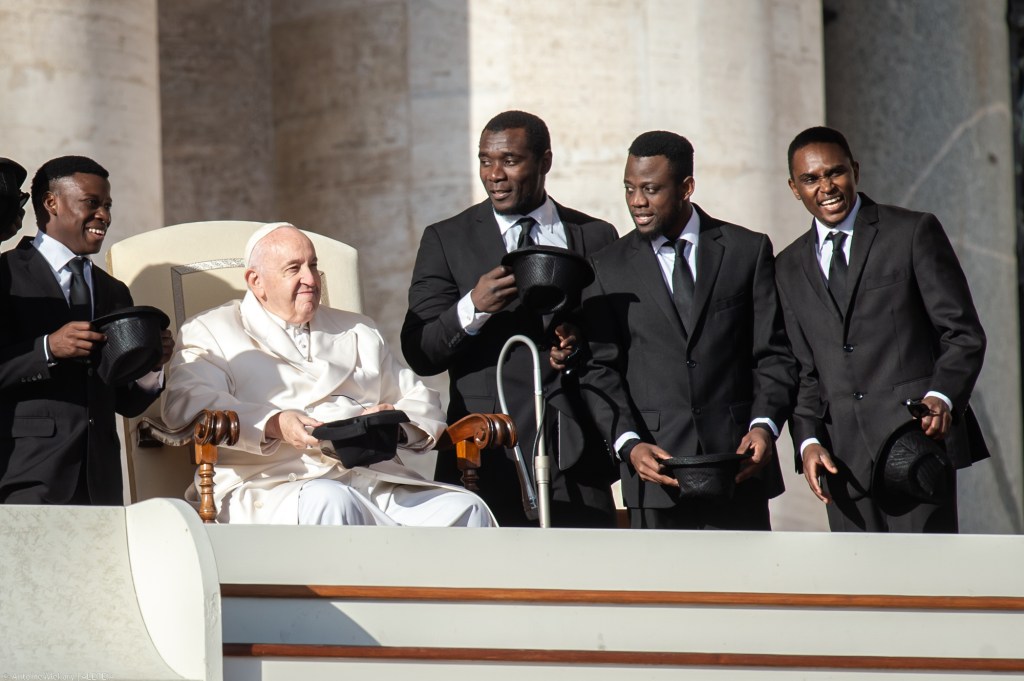 Pope Francis watches artists of the Kenyan Circus performing during his weekly general audience
