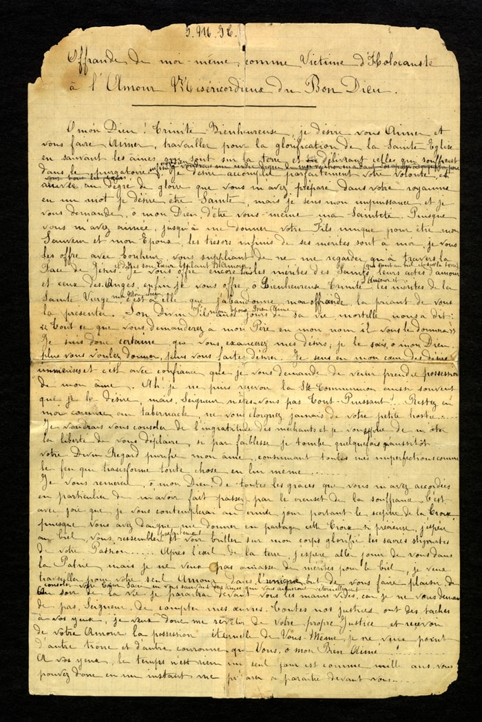 Le manuscrit de l’offrande de sainte Thérèse de Lisieux à l’amour miséricordieux de Dieu.