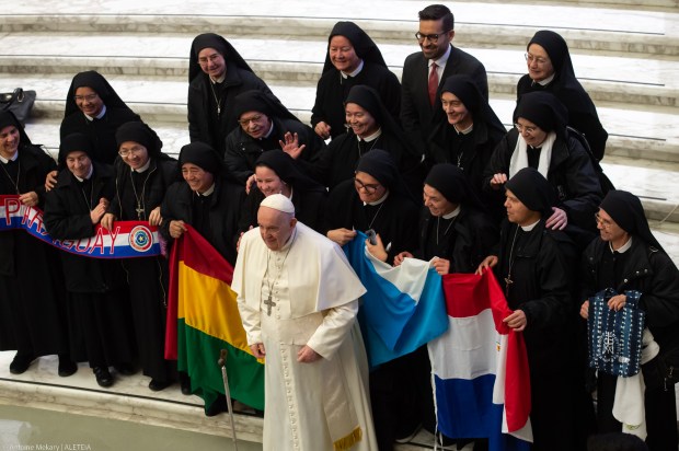 Pope Francis poses with nuns from Bolivia, Argentina and Paraguay