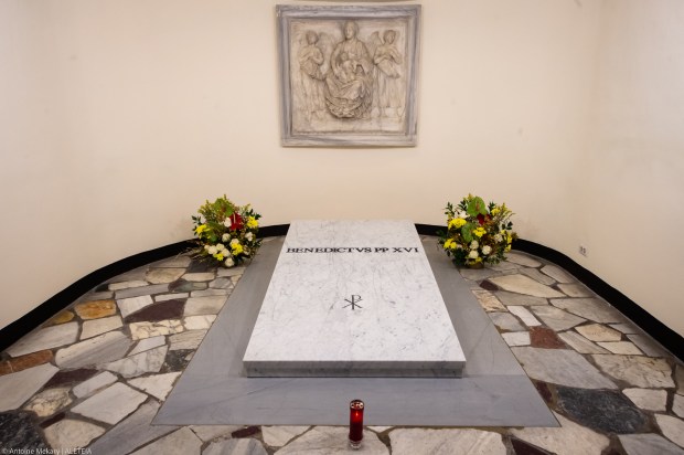 The tomb of late Pope Emeritus Benedict XVI inside the grottos of St. Peter's Basilica