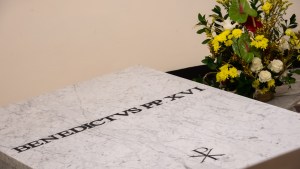 The tomb of late Pope Emeritus Benedict XVI inside the grottos of St. Peter's Basilica