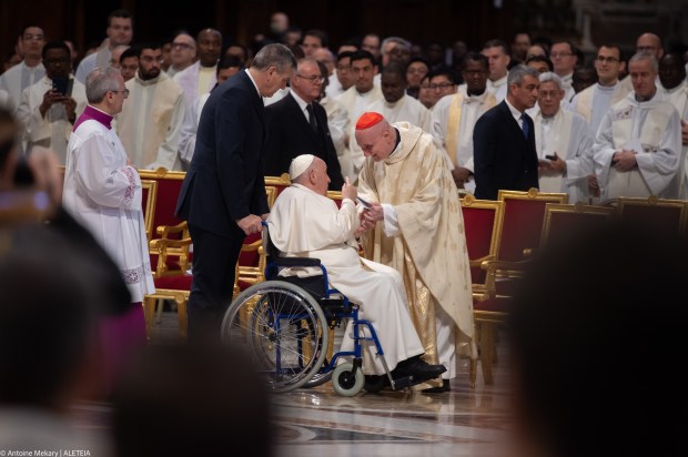 Pope Francis celebrates the Holy Chrism mass on April 05, 2023 in St. Peter's Basilica at The Vatican.
