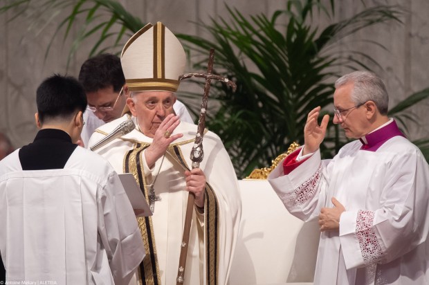 Pope Francis celebrates the Holy Chrism mass on April 05, 2023 in St. Peter's Basilica at The Vatican.