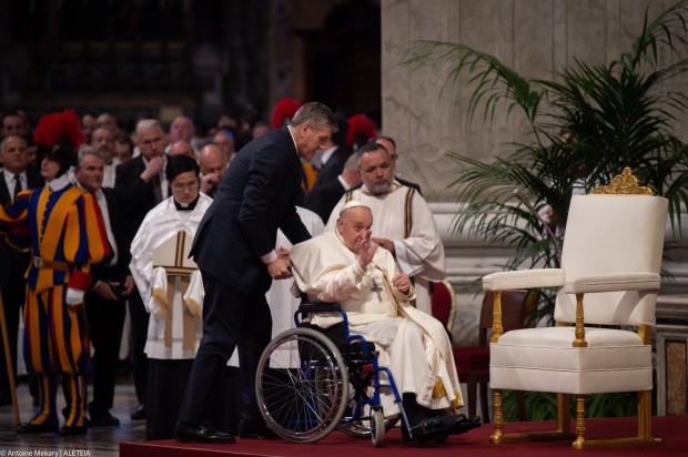 Pope Francis celebrates the Holy Chrism mass on April 05, 2023 in St. Peter's Basilica at The Vatican.