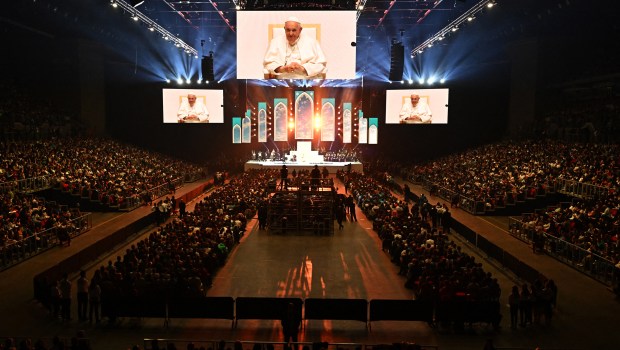 Pope-Francis-meets-with-young-people-at-Papp-Laszlo-Sportarena-during-his-visit-in-Budapest-Hungary-April-29-2023
