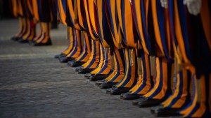 Swiss Guards take part in a swearing-in ceremony in San Damaso Courtyard, Vatican on May 06, 2023