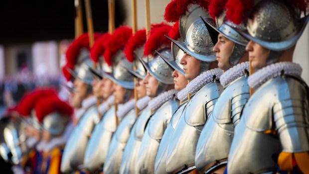 Swiss Guards take part in a swearing-in ceremony in San Damaso Courtyard, Vatican on May 06, 2023