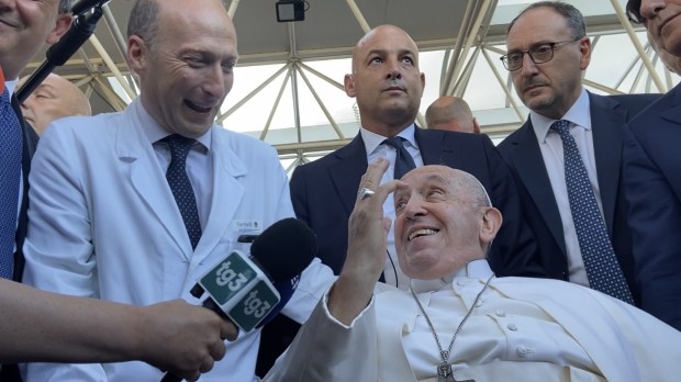 Pope Francis with his surgeon Sergio Alfieri as he leaves the Gemelli hospital in Rome after ten days of recovery from an operation for an intestinal hernia.