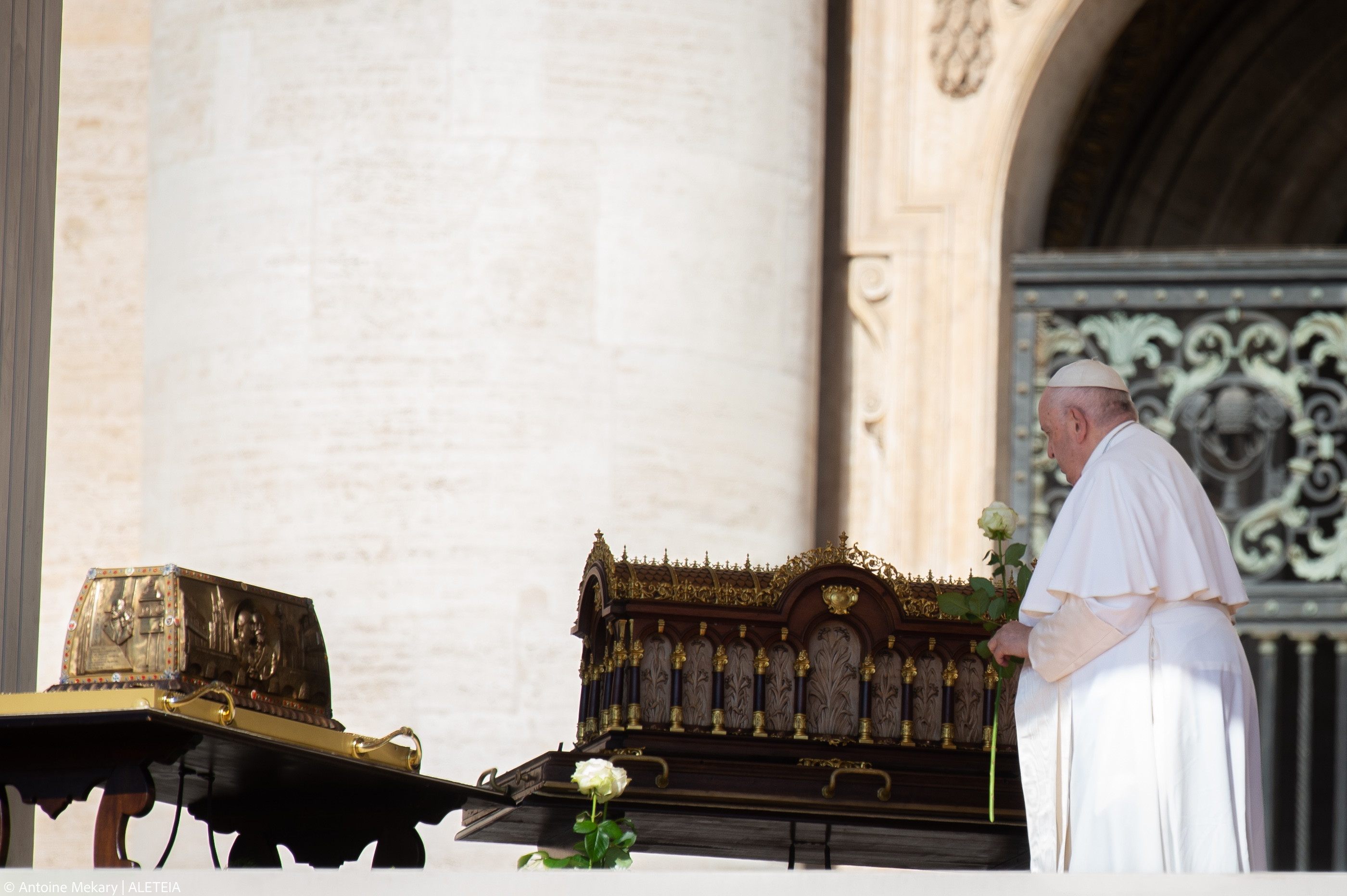 Pope Francis stands by the relics of Saint Therese of Lisieux