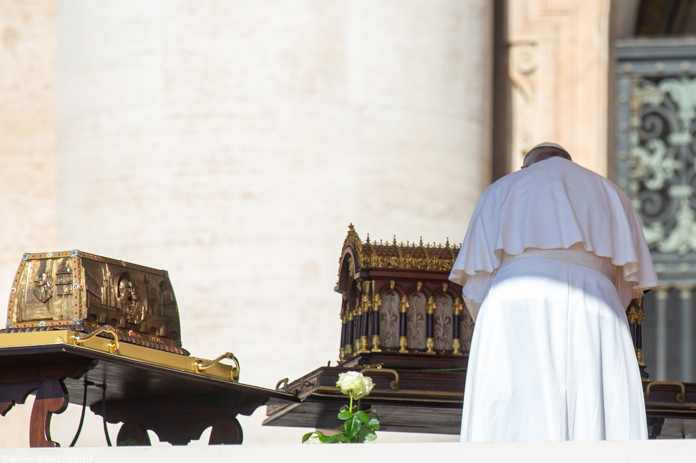 Pope Francis stands by the relics of Saint Therese of Lisieux displayed during the weekly general audience on June 7- 2023