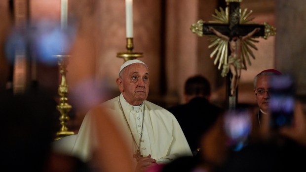 Pope Francis celebrates vespers at the Jeronimos Monastery in Lisbon, during his five-day visit to attend the World Youth Day (WYD) gathering of young Catholics, on August 2, 2023. Pope Francis arrived in Lisbon today to gather with a million youngsters from across the world at the World Youth Day