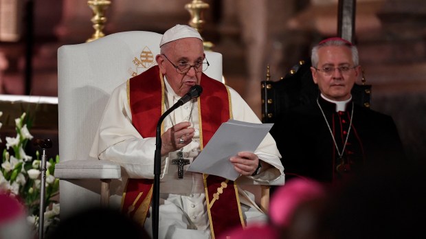 Pope Francis celebrates vespers at the Jeronimos Monastery in Lisbon, during his five-day visit to attend the World Youth Day
