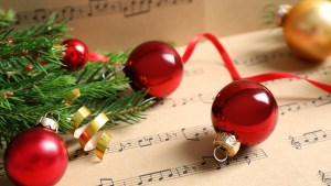 Christmas decorations on sheet music