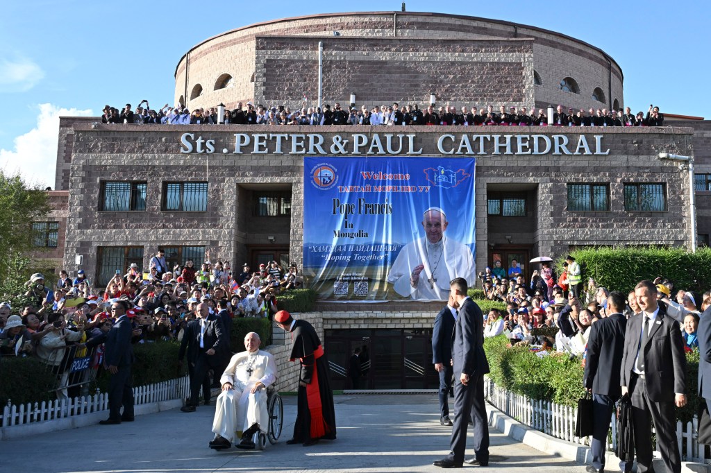 Pope Francis departs the Saints Peter and Paul Cathedral following his meeting with bishops, priests, missionaries, consecrates persons and pastoral workers in Ulaanbaatar