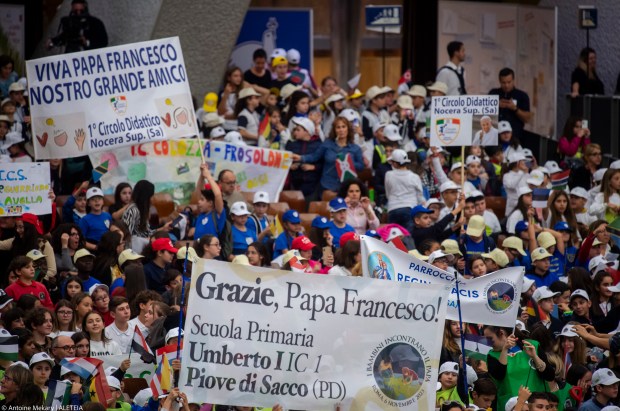 Pope Francis attends a meeting with children from all over the world