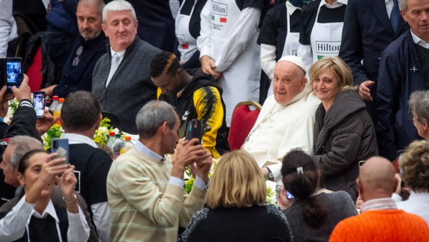 Pope Francis attends a lunch at the Paul VI hall for the World Day of the Poor in The Vatican