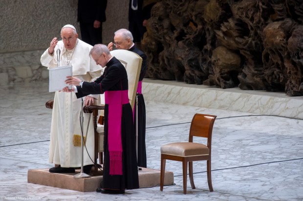 Pope Francis as he blesses pilgrims at the end of his weekly general audience Paul VI hall in the Vatican