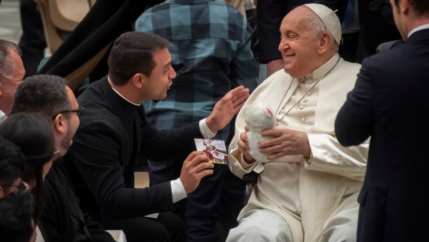 Pope Francis as he greets pilgrims at the end of his weekly general audience Paul VI hall in the Vatican