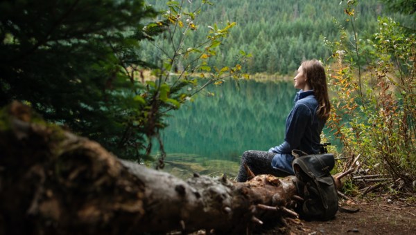 Młoda kobieta siedząca na pniu drzewa naprzeciw pięknego jeziora