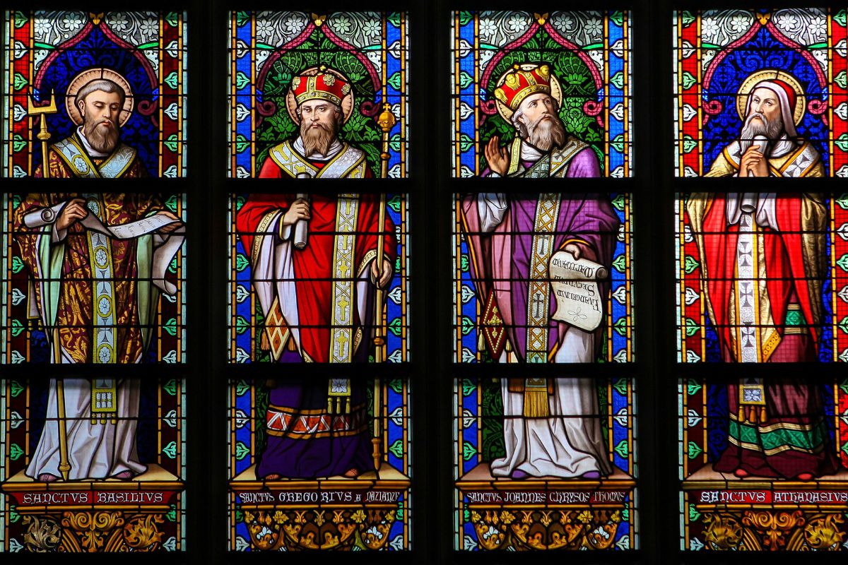 Stained Glass Window depicting Saint Basil of Caesarea, Gregory of Nazianzus, John Chrysostom and Athanasius of Alexandria in Den Bosch Cathedral.