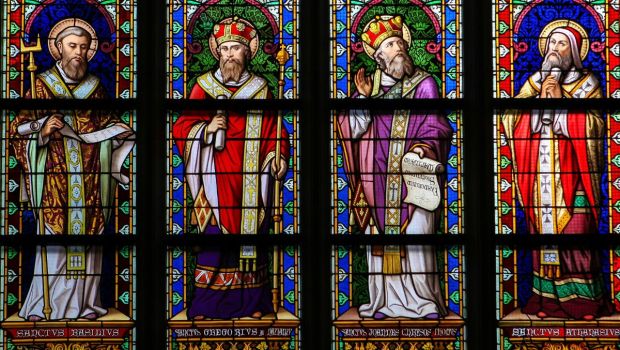 Stained Glass Window depicting Saint Basil of Caesarea, Gregory of Nazianzus, John Chrysostom and Athanasius of Alexandria in Den Bosch Cathedral.