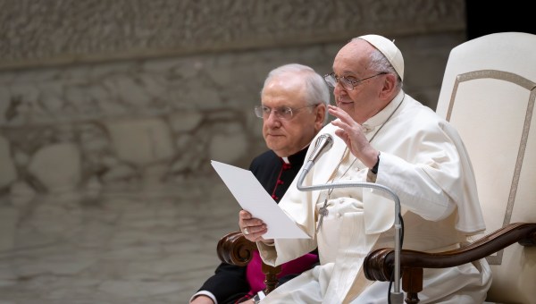 Pope Francis blesses faithful at the end of his weekly general audience in Paul VI Hall