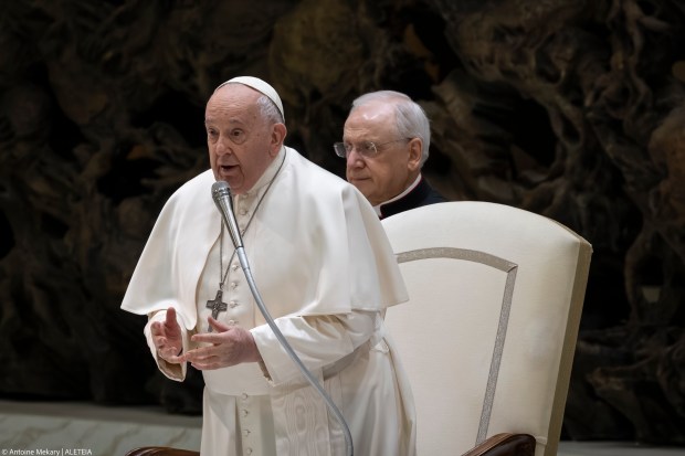 Pope Francis during his weekly general audience in Paul VI Hall at the Vatican on February 07 2024