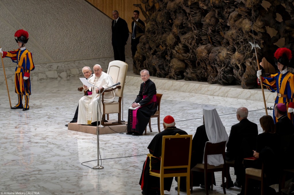 Pope Francis speaks during the weekly general audience on February 14, 2024
