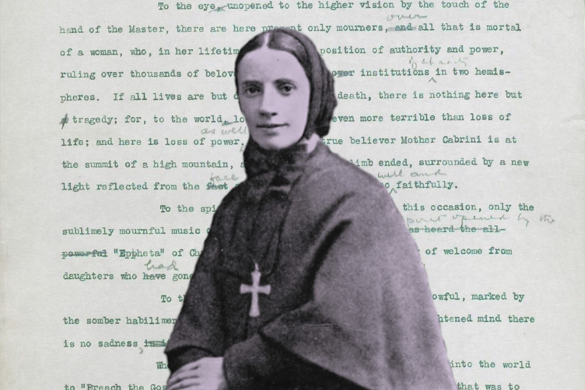 Mother Cabrini photo with photo of funeral sermon by Fr. Francis Kelley