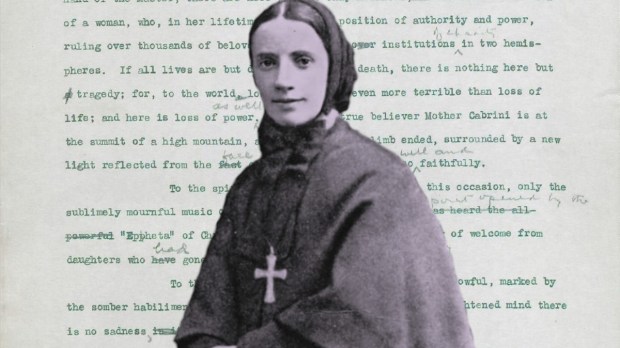Mother Cabrini photo with photo of funeral sermon by Fr. Francis Kelley